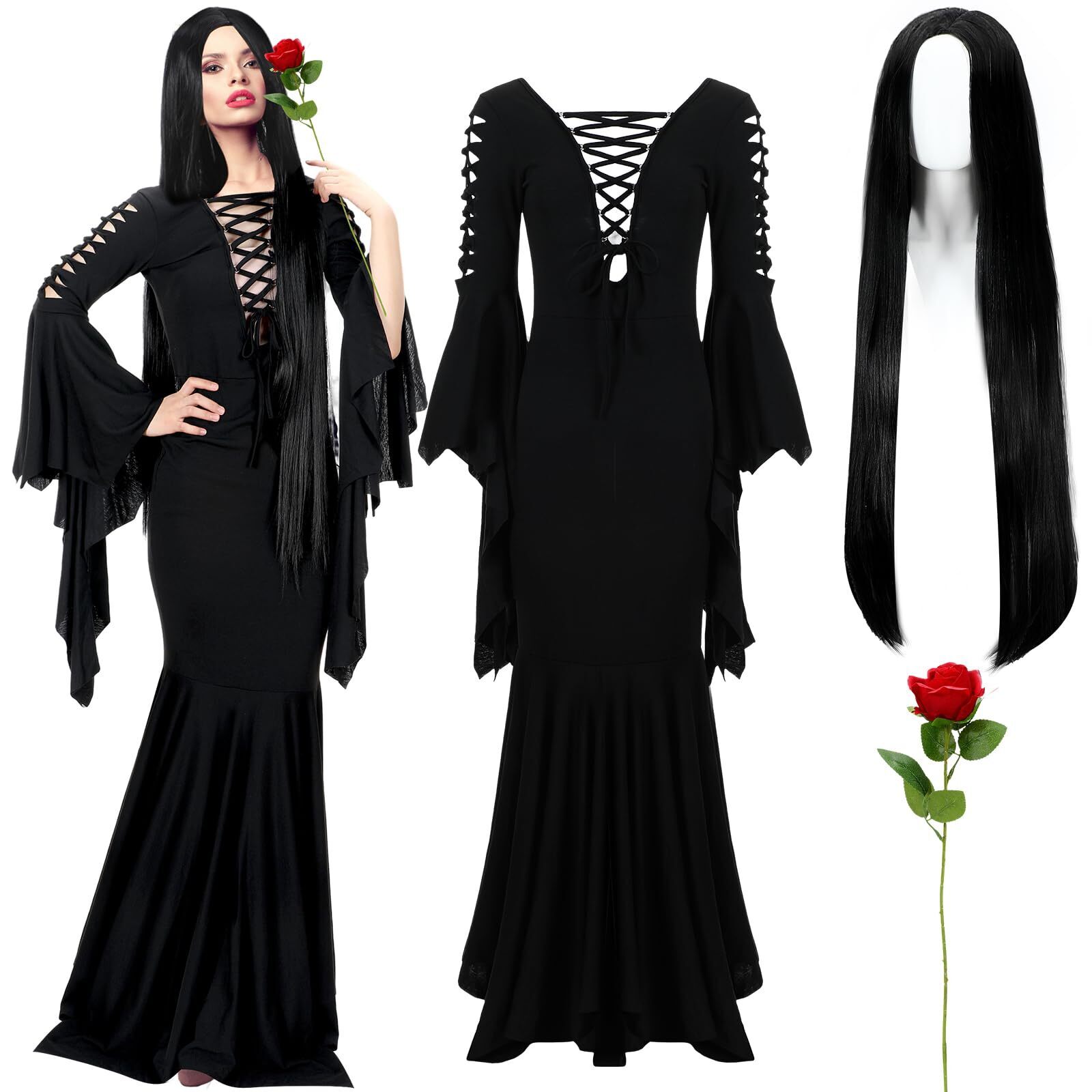 3845 3 Pcs Halloween Witch Costumes 2025 Gothic Floor Dress